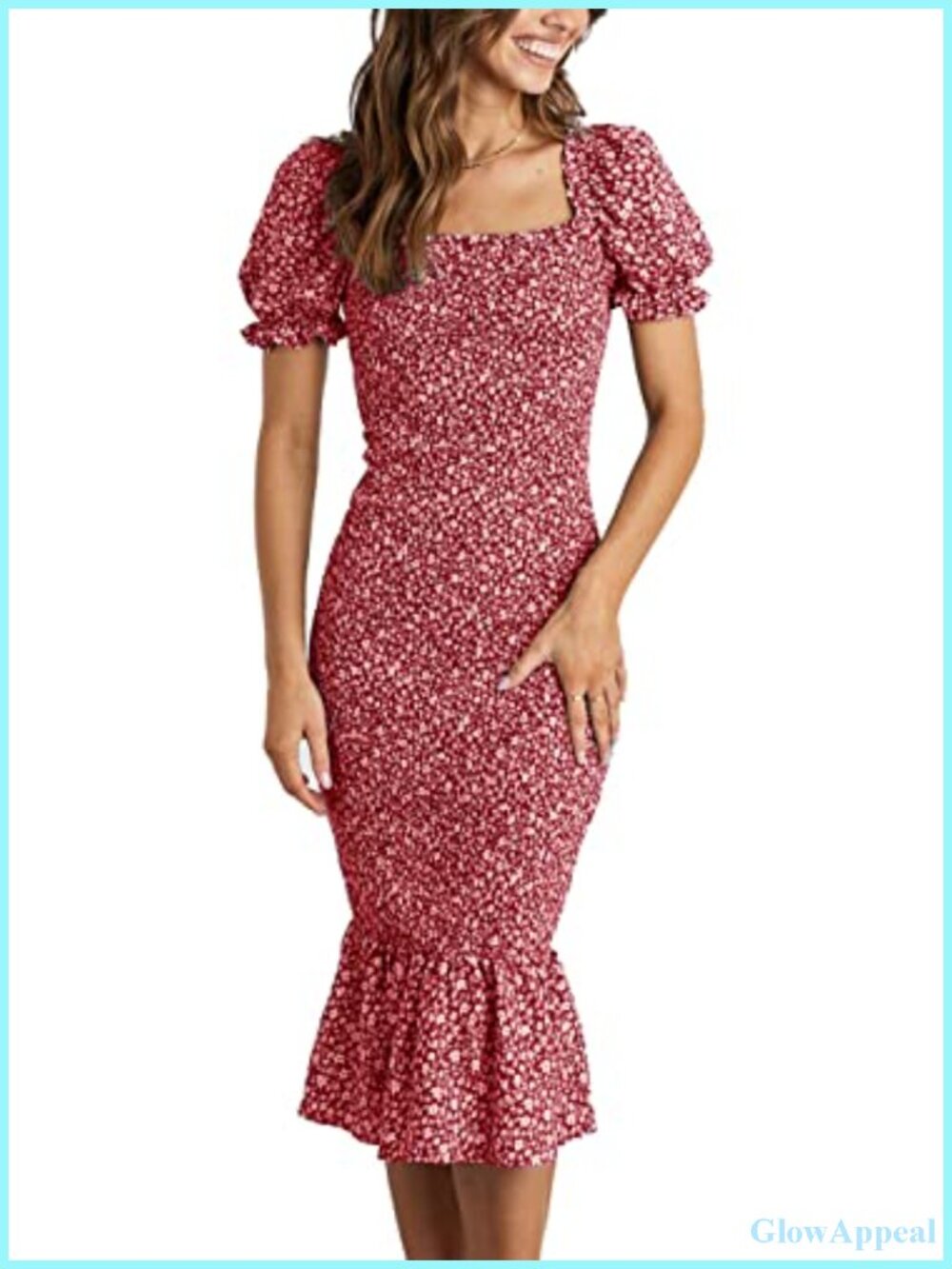 PRETTYGARDEN Floral Bodycon Midi Dress Puff Sleeve Mermaid Cocktail Maternity